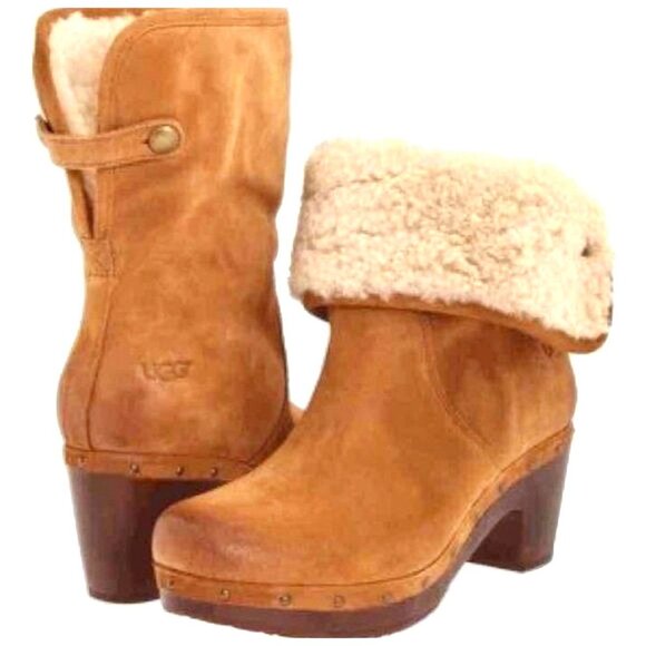 UGG Lynnea Fold Over Brown Leather Shearling Cuff Clog Boot - Picture 1 of 9